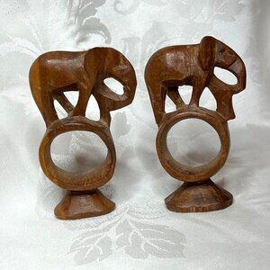 Vintage Set of 2 Hand-Carved Wood Elephant Napkin Rings Kenya